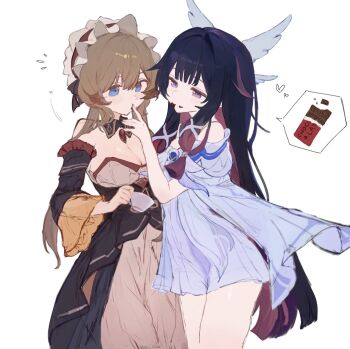 Rule 34 | 2girls, black bow, black collar, black dress, black hair, black sleeves, blue eyes, blush, bonnet, bow, breasts, bright pupils, candy, chocolate, chocolate bar, chocolate on face, collar, colored inner hair, columbina (genshin impact), commentary, cowboy shot, cup, detached collar, detached sleeves, dress, flying sweatdrops, food, food on face, gem, genshin impact, hair ornament, head wings, heart, highres, holding, holding cup, licking, licking another's finger, licking finger, long hair, medium breasts, multicolored hair, multiple girls, multiple wings, purple eyes, purple hair, purple streaks, red gem, sandrone (genshin impact), short hair with long locks, simple background, sketch, strapless, strapless dress, sui h2so, teacup, two-tone hair, unusually open eyes, valentine, very long hair, white background, white dress, white headdress, wide sleeves, wing hair ornament, wings, yuri