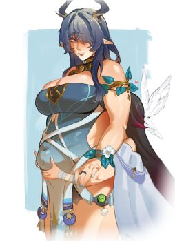 2girls absurdres antlers black_hair blue_dress breasts columbina_(genshin_impact) dress genshin_impact grabbing_another's_stomach hair_over_one_eye head_wings highres horns hug hug_from_behind large_breasts lauma_(genshin_impact) long_hair multiple_girls nail_polish navel plump pointy_ears vision_(genshin_impact) wings wktfrv47n yuri