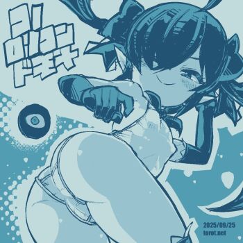 1girl ;) ahoge ass backbeako_(torotei) backbeard blue_background blue_theme blush bow bowtie breasts closed_mouth commentary cowboy_shot dated dated_commentary elbow_gloves gegege_no_kitarou gloves hair_over_one_eye hair_ribbon hand_up kono_lolicon_domome loli long_hair looking_at_viewer looking_back monochrome one_eye_closed original paid_reward_available pointy_ears ribbon school_swimsuit simple_background small_breasts smile solo swimsuit thighhighs torotei translated twintails twisted_torso watermark web_address