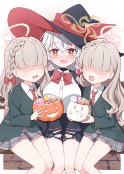 3girls :d black_hat black_jacket black_skirt blazer blue_archive blush bow bowtie braid breasts brown_eyes candy collared_shirt commentary_request diagonal-striped_bow diagonal-striped_bowtie diagonal-striped_clothes diagonal-striped_necktie eri_(blue_archive) faceless faceless_female food green_jacket grey_hair grey_skirt hair_bow halloween halloween_bucket halo harada_(sansei_rain) hat highres jacket large_breasts long_hair long_sleeves looking_at_viewer miniskirt multiple_girls necktie nervous_sweating open_mouth plaid_clothes plaid_skirt red_bow red_bowtie red_necktie shaded_face shirt sitting skirt smile striped_bow striped_bowtie striped_clothes sweat traditional_halo white_hair white_shirt witch_hat yellow_halo