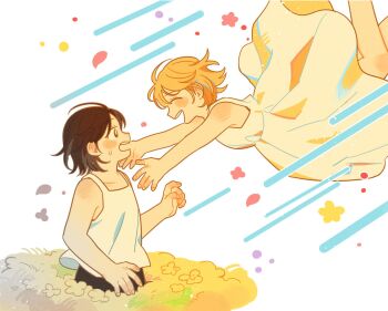 Rule 34 | 2girls, black eyes, black hair, blonde hair, blush, bright pupils, closed eyes, collarbone, commentary request, dress, highres, korean commentary, looking at another, multiple girls, open mouth, original, short hair, sihyun25, smile, sweatdrop, teeth, upper teeth only, white dress, white pupils, yuri