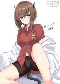 Rule 34 | 1girl, abataa, bike shorts, blush, breasts, brown eyes, brown hair, cat tail, coat, headband, headgear, highres, kantai collection, lab coat, long sleeves, looking at viewer, open clothes, open coat, panties under shorts, red shirt, shirt, short hair, signature, sitting, small breasts, smile, solo, taihou (kancolle), tail, white background, white coat