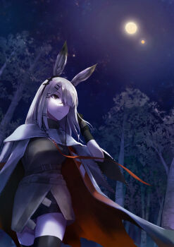 1girl absurdres animal_ears arknights black_gloves black_shorts black_thighhighs breasts coat commentary_request cowboy_shot e-bushi forest frostnova_(arknights) full_moon gloves grey_eyes grey_hair hair_ornament hair_over_one_eye hairclip highres long_hair moon nature night outdoors rabbit_ears rabbit_girl scar scar_on_face scar_on_nose shirt shorts sky solo star_(sky) starry_sky thighhighs tree zettai_ryouiki