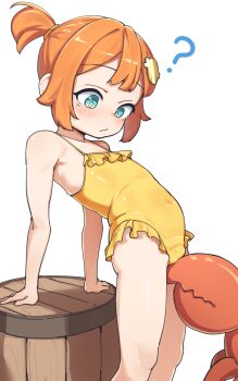 1girl ? arm_support barrel bestiality casual_one-piece_swimsuit crab driftingtiger flat_chest frilled_one-piece_swimsuit frills loli one-piece_swimsuit orange_hair original simple_background swimsuit white_background yellow_one-piece_swimsuit