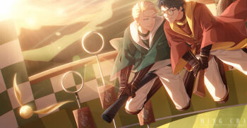 2boys arena artist_name black_hair blonde_hair blue_eyes broom draco_malfoy english_text face-to-face flying glasses green_eyes green_robe harry_potter harry_potter_(series) holding holding_broom light_particles lightning_bolt_symbol long_sleeves looking_at_another male_focus ming_cha motion_lines multiple_boys outdoors pants parted_lips quidditch red_robe robe scar scar_on_face scar_on_forehead short_hair shoulder-to-shoulder teeth white_pants wizarding_world