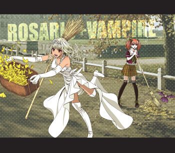 2girls absurdres autumn_leaves basket bat_(animal) blonde_hair boots broom dark-skinned_female dark_skin dress earrings elbow_gloves gloves green_eyes hair_ribbon highres holding holding_basket jewelry leaf long_hair multiple_girls non-web_source official_art orange_hair plaid_clothes plaid_skirt red_eyes ribbon rosario+vampire school_uniform shuzen_kahlua shuzen_kokoa siblings sisters skirt smile thighhighs tiara tree tripping twintails white_boots white_dress white_gloves