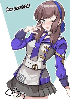 Rule 34 | 1girl, black gloves, black skirt, blue hairband, blue jacket, blue ribbon, blunt sidelocks, breasts, brown hair, commentary request, freckles, gloves, green eyes, hair ribbon, hairband, highres, jacket, kantai collection, kurano kisuke, long hair, long sleeves, looking at viewer, mogador (kancolle), necktie, one eye closed, open mouth, purple necktie, ribbon, sidelocks, skirt, smile, solo, tie clip