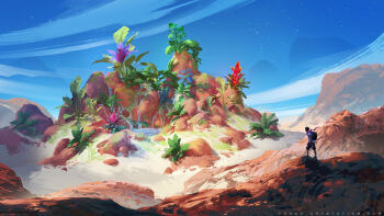 Rule 34 | 1boy, black hair, black shorts, blue sky, boulder, commentary, day, desert, english commentary, flower, from behind, landscape, leaf, oasis, original, outdoors, painterly, plant, pond, red scarf, rock, sand, scarf, scenery, shirt, shorts, sky, star (sky), sunlight, sylvain sarrailh, water, watermark, web address, white shirt