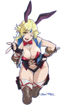 1girl animal_ears blonde_hair breasts cleavage fingerless_gloves fishnet_thighhighs fishnets gloves indesign large_breasts long_hair looking_at_viewer one_eye_closed open_mouth project_x_zone project_x_zone_2 rabbit_ears sheath_(pxz) simple_background smile solo standing thighhighs white_background yellow_eyes