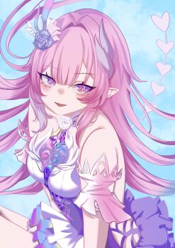 1girl alternate_breast_size_(smaller) bare_shoulders blue_background breasts cyrene_(honkai:_star_rail) cyrene_(ripples_of_past_reverie)_(honkai:_star_rail) detached_sleeves diamond-shaped_pupils diamond_(shape) dress flower hair_flower hair_ornament hashtag-only_commentary highres honkai:_star_rail honkai_(series) long_hair looking_at_viewer parted_lips pink_hair pointy_ears purple_eyes small_breasts solo symbol-shaped_pupils very_long_hair white_dress youge_0917