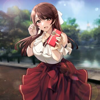 1girl alternate_costume blush box brave_witches brown_eyes brown_hair commentary_request feet_out_of_frame gift gift_box hairband happy highres holding karibuchi_takami lake liar_lawyer long_hair open_mouth outdoors red_skirt shirt skirt solo standing tree white_shirt world_witches_series