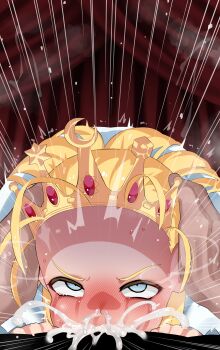 Rule 34 | 1boy, 1girl, absurdres, bar censor, blonde hair, blue eyes, blush, censored, crown, crying, crying with eyes open, cum, cum in mouth, cyberbots, deepthroat, devilot de deathsatan ix, dress, ejaculation, fellatio, forehead, hetero, highres, huge penis, irrumatio, large variant set, long hair, long sleeves, looking ahead, mizumizuni, narrowed eyes, non-web source, oral, penis, pointless censoring, puffy sleeves, saliva, tears, variant set