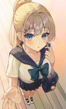 Rule 34 | 1girl, absurdres, bag, black socks, blonde hair, blouse, blue eyes, blue skirt, blurry, blush, bookbag, bow, bowtie, breasts, collarbone, depth of field, ear piercing, evening, foreshortening, hair between eyes, hands up, highres, huge filesize, indoors, large breasts, long hair, looking at viewer, looking up, mole, mole under eye, mrr, open mouth, original, piercing, pleated skirt, ponytail, reaching, reaching towards viewer, sailor collar, school uniform, shirt, shirt tucked in, short sleeves, skirt, socks, solo, tsurime, upturned eyes, white footwear, white shirt, window shadow