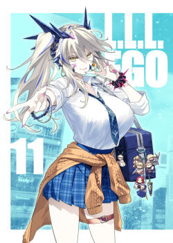 agravain_(fate) artoria_pendragon_(fate) artoria_pendragon_(lancer_alter)_(fate) bedivere_(fate) blue_skirt bracelet breasts comiket_107 cover earrings fate/grand_order fate_(series) gareth_(fate) gawain_(fate) grey_hair highres ishida_akira jewelry lancelot_(fate/grand_order) large_breasts long_hair mordred_(fate) nail_polish necktie percival_(fate) pleated_skirt shirt skirt tristan_(fate) twintails white_shirt yellow_eyes