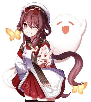 1girl boo_tao_(genshin_impact) brown_scarf bug butterfly chinese_clothes eyewear_on_head flower-shaped_pupils genshin_impact ghost hair_rings hat highres hu_tao_(cherries_snow-laden)_(genshin_impact) hu_tao_(genshin_impact) insect light_smile looking_at_viewer official_alternate_costume one_eye_closed red-tinted_eyewear red_nails red_skirt round_eyewear scarf skirt solo sunglasses symbol-shaped_pupils tinted_eyewear v white_hat yellow-framed_eyewear yellow_butterfly yoi_(a27963244)