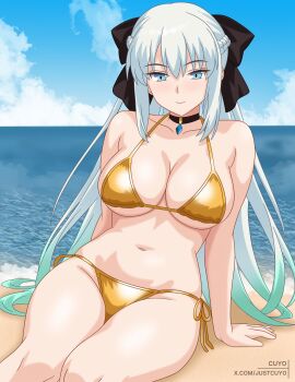 1girl absurdres beach bikini black_bow blue_eyes blue_sky blush bow braid breasts choker cleavage collarbone commentary english_commentary fate/grand_order fate_(series) gold_bikini grey_hair hair_bow highres jewelry justcuyo large_breasts long_hair looking_at_viewer morgan_le_fay_(fate) navel outdoors pendant ponytail shore sidelocks sitting sky smile solo swimsuit thighs very_long_hair