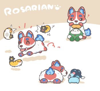 Rule 34 | :>, absurdres, ass, chasing, chattino (raora panthera), collar, commentary, dog, english commentary, fire, grem (gigi murin), highres, hololive, hololive english, mpien, no humans, o x, open mouth, otomo (cecilia immergreen), rosarian (elizabeth rose bloodflame), smile, tail, tongue, tongue out, winding key