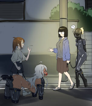 4girls ? age_difference all_fours arms_behind_back babysitter ball_gag bdsm bitch_taken_for_walk blindfold bodysuit bondage bound breasts collar convenient_censoring eudetenis female_focus femdom gag gagged gimp_suit glasses hanging_breasts high_heels highres leash lilya_(pretzelfan) lock momoka_(pretzelfan) multiple_girls night nude older_female_and_younger_female original outdoors pet_play petgirl piddlefours reika_(pretzelfan) sayuri_(pretzelfan) skirt slave stiletto_heels tan walking yuri