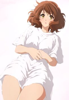 1girl alternate_costume arms_under_breasts breasts brown_eyes brown_hair commentary feet_out_of_frame fluffy_hair gradient_background hibike!_euphonium highres looking_at_viewer medium_breasts medium_hair oumae_kumiko oversized_clothes oversized_shirt parted_lips shirt short_sleeves solo t-shirt thighs usagihop white_background white_shirt