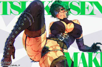 Rule 34 | 1girl, absurdres, ahoge, black boots, black gloves, black thighhighs, boots, breasts, character name, colored pubic hair, commentary, cross, cross earrings, defaultz, earrings, elbow gloves, eyepatch, facial scar, garter belt, glasses, gloves, green eyes, green hair, green pubic hair, high heel boots, high heels, highres, jewelry, jujutsu kaisen, medical eyepatch, paid reward available, panties, patreon username, pubic hair, pussy, scar, scar on breasts, scar on cheek, scar on face, scar on leg, scar on shoulder, scar on stomach, see-through clothes, see-through panties, short hair, solo, thighhighs, twitter username, underwear, zen'in maki