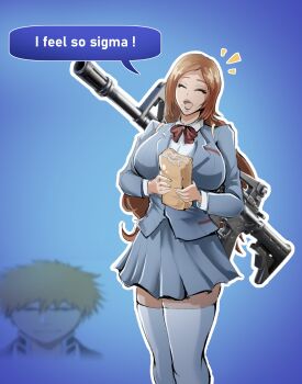 1boy 1girl bleach bleach:_sennen_kessen-hen bread breasts closed_eyes crumbs eating english_text food fortnite gun_request happy inoue_orihime karakura_high_school_uniform kurosaki_ichigo large_breasts legs_together long_hair open_mouth orange_hair school_uniform short_hair simple_background skirt speech_bubble standing thighhighs thighs veeepawoon white_thighhighs