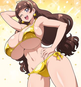 1girl absurdres alternate_breast_size_(larger) amanogawa_kirara arm_behind_head armpits bikini breasts brown_hair cleavage earrings from_below gluteal_fold go!_princess_precure gold_bikini groin hand_on_own_hip highres hitokiwa_kenchin huge_breasts jewelry long_hair looking_at_viewer navel one_eye_closed open_mouth precure purple_eyes skindentation smile solo star_(symbol) star_earrings swimsuit teeth underboob upper_teeth_only