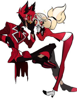 Rule 34 | 1boy, 1girl, alastor (hazbin hotel), blonde hair, charlie morningstar, colored sclera, commentary request, covering own mouth, crossed legs, formal clothes, hands on own face, hazbin hotel, hellaverse, highres, long hair, looking at viewer, monocle, red eyes, red sclera, short hair, sparkling eyes, suit, torikago 0226, yellow sclera