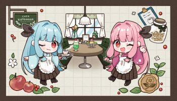 Rule 34 | 2girls, ;3, ;d, apple, apron, binchou maguro, black boots, black ribbon, blue hair, blue kimono, blunt bangs, blush, boots, border, brown border, brown skirt, chibi, chibi only, chocolate chip cookie, clipboard, closed mouth, commentary, cookie, couch, cream soda (soda), cup, curtains, flower, food, fruit, full body, grid background, hair ribbon, holding, holding tray, ice cream, ice cream float, japanese clothes, jar, kimono, kotonoha akane, kotonoha aoi, lace-up boots, leaf, long hair, long skirt, long sleeves, looking at viewer, multiple girls, one eye closed, open mouth, outstretched arm, pink flower, pink hair, pink kimono, pink tulip, pleated skirt, red eyes, ribbon, round table, skirt, smile, standing, table, tray, tulip, vase, voiceroid, white apron, white flower, wide sleeves, window, yellow flower, yellow tulip