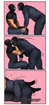 2boys arm_tattoo ass bara black_jacket black_pants black_shirt boots call_of_duty call_of_duty:_modern_warfare_2 couple facepaint ghost_(modern_warfare_2) highres jacket kiss large_pectorals looking_at_another male_focus mask multiple_boys muscular muscular_male pants pectorals shirt skull_mask soap_(modern_warfare_2) tattoo twitter_username umikochannart yaoi