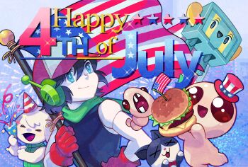 >_< 1girl 4boys :d american_flag american_flag_hat american_flag_print aqua_eyes artist_request bald balrog_(cave_story) baseball_cap black_fur black_hair black_mouth black_shirt blue_background blue_eyes blue_pupils bow bowtie brown_eyes burger cat charger_(the_binding_of_isaac) cheese closed_mouth colored_skin commentary company_name confetti cowboy_shot crossover doukutsu_monogatari english_commentary english_text fireworks flag_as_cape flag_print floppy_ears food fourth_of_july furry furry_female gloves green_vest guppy_(the_binding_of_isaac) hair_between_eyes hand_on_own_hip hat highres holding holding_party_popper holding_pole isaac_(the_binding_of_isaac) joints july lettuce mimiga mini_flag missing_tooth multiple_boys official_art open_mouth padded_vest party_popper pole quote_(cave_story) red_bow red_bowtie red_gloves red_hat robot_boy robot_ears robot_joints second-party_source shirt short_hair sleeveless sleeveless_shirt smile star_(symbol) star_print striped_clothes striped_hat the_binding_of_isaac tilted_headwear tomato tomato_slice tongue tooth_gap top_hat toroko tuxedo_cat two-tone_fur two-tone_hat vertical-striped_clothes vest white_fur white_hat white_skin worm x_x