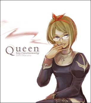 1girl 2005 aira129 black_thighhighs blonde_hair blue_eyes bow bow_hairband cigarette commentary_request cross cross_necklace dress glasses hairband jewelry juliet_sleeves lace lace-trimmed_thighhighs lace_trim long_sleeves looking_at_viewer lowres necklace priest_(ragnarok_online) puffy_sleeves purple_dress ragnarok_online red_bow red_hairband rimless_eyewear short_hair simple_background sitting smoke smoking thighhighs upper_body watermark web_address white_background