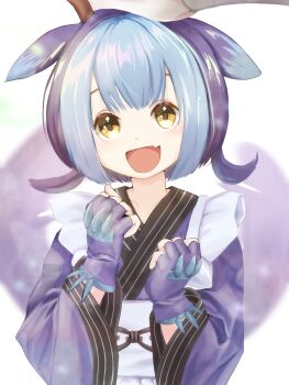 Rule 34 | 1girl, apron, blue hair, blue kimono, commentary, dragon girl, dragon horns, duel monster, eastern dragon horns, fingerless gloves, frilled apron, frills, gloves, hair between eyes, hand on another's head, highres, horns, japanese clothes, kimono, laundry dragonmaid, long sleeves, looking at viewer, maid apron, open mouth, orange eyes, short twintails, simple background, twintails, u nit y, upper body, white apron, white background, yu-gi-oh!