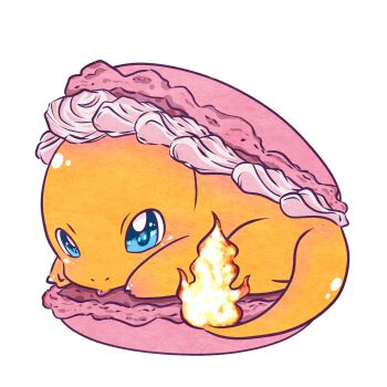blue_eyes charmander commentary_request fire flame-tipped_tail food full_body gen_1_pokemon highres looking_at_viewer macaron nintendo no_humans nostrils oniongood117 pokemon pokemon_(creature) simple_background solo tail white_background