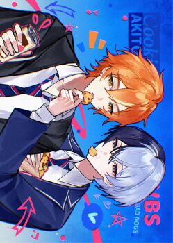 Rule 34 | 2boys, aoyagi touya, arrow (symbol), black jacket, blue eyes, blue jacket, can, candy, commentary, cookie, earrings, english commentary, food, green eyes, heart, highres, holding, holding can, holding candy, holding cookie, holding food, jacket, jewelry, multicolored hair, multiple boys, musical note, necktie, open mouth, project sekai, shinonome akito, shirt, single earring, star (symbol), white shirt, writing, zhao yifei