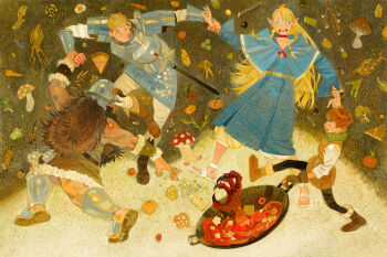 1girl 3boys artist_request asymmetrical_bangs back baggy_pants bare_shoulders beard belt black_boots black_pants blonde_hair blue_capelet blue_dress blue_eyes blue_nails boots braid branch broccoli brown_belt brown_boots brown_gloves brown_hair brown_sandals brown_shirt brown_vest capelet carrot chilchuck_tims choker closed_eyes closed_mouth collarbone dress dungeon_meshi dwarf facial_hair fingerless_gloves fingernails floating_hair food frying_pan full_body fur-trimmed_boots fur_trim gauntlets gloves green_scarf grey_armor grey_belt hair_ribbon helmet high_ponytail highres holding holding_another&#039;s_wrist holding_frying_pan horns laios_touden leg_up long_beard long_hair long_sleeves looking_at_food marcille_donato multiple_boys muscular muscular_male mushroom nail_polish open_mouth pants pointy_ears ponytail pumpkin red_choker red_skirt ribbon sandals scarf senshi_(dungeon_meshi) shirt short_hair skirt sleeveless sleeveless_shirt smile soup standing standing_on_one_leg sweatdrop sword teeth tongue tongue_out twin_braids vegetable very_long_beard vest weapon white_pants white_sandals white_shirt wide_sleeves yellow_eyes yellow_pants