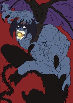 Rule 34 | 1boy, bat wings, blue skin, clawed hands, claws, colored skin, colored tongue, demon, devilman, devilman (character), devilman crybaby, fangs, fudou akira, head wings, highres, incoming attack, male focus, monster, red background, sharp teeth, solo, sukesukeburger, tail, teeth, white eyes, wings, yellow tongue