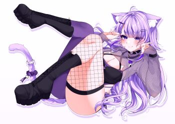 1girl ahoge alternate_hair_length_(longer) animal_ear_fluff animal_ears asymmetrical_legwear bespectacled black_jacket breasts cat_ears cat_girl cat_tail cleavage closed_mouth clothing_cutout collarbone commentary crop_top glasses heart_cutout highres hololive jacket large_breasts long_hair looking_at_viewer nekomata_okayu nekomata_okayu_(gyaru) official_alternate_costume official_alternate_hairstyle pantyhose purple_eyes purple_hair purple_pantyhose reianly shorts simple_background single_leg_pantyhose smile solo tail tail_scrunchie torn_clothes torn_shorts very_long_hair virtual_youtuber white_background white_shorts