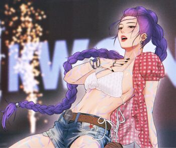 1girl belt bikini bikini_top_only black_nails blurry blurry_background body_markings bracelet braid breasts brown_belt brown_eyes cosplay cowboy_shot demon_girl denim denim_shorts derivative_work earrings facial_mark fireworks gingham hand_on_own_chest highres jewelry kpop_demon_hunters kwon_eun-bi kwon_eun-bi_(cosplay) long_hair medium_breasts midriff multiple_earrings nail_polish navel open_clothes open_mouth open_shirt plaid_clothes plaid_shirt puffy_short_sleeves puffy_sleeves purple_hair red_shirt rumi_(kpop_demon_hunters) shirt short_shorts short_sleeves shorts sideboob single_braid solo swimsuit tenartistt white_bikini