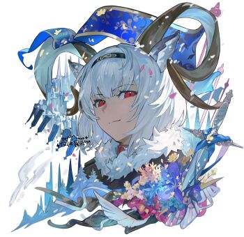 1girl absurdres animal_ears arknights black_hairband carnelian_(arknights) carnelian_(hohenlohe_chillysand)_(arknights) chinese_commentary closed_mouth commentary_request commission cropped_shoulders flag flower fur_trim goat_ears goat_girl goat_horns gold_trim hairband highres hongshaoniuroudamifen horns looking_at_viewer petals portrait purple_flower red_eyes short_hair smile solo sword weapon white_background white_hair