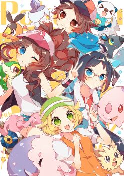 >_< 2boys 2girls :d ahoge anniversary baseball_cap bianca_(pokemon) black_hair blitzle blue_eyes brown_eyes brown_hair cheren_(pokemon) closed_eyes colored_sclera commentary_request dog fire freckles gen_5_pokemon glasses green_eyes hat high_ponytail highres hilbert_(pokemon) hilda_(pokemon) lillipup litwick long_hair multiple_boys multiple_girls munna musharna nintendo one_eye_closed open_mouth oshawott pig poke_ball_print pokemon pokemon_(creature) pokemon_bw ponytail print_hat purple_fire red_eyes roggenrola short_hair smile snivy snout sparkle star_(symbol) tail tepig to_camellia w xd yellow_eyes yellow_sclera zebra