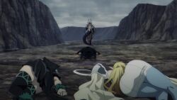 Rule 34 | 1boy, 3girls, animated, anime screenshot, annette (isekai shikkaku), ass, black dress, black hair, black thighhighs, blonde hair, cat girl, dark-skinned female, dark skin, dazai osamu (isekai shikkaku), dress, elf, from behind, highres, huge ass, isekai shikkaku, long hair, matilda (isekai shikkaku), multiple girls, on floor, pointy ears, sound, tagme, tama (isekai shikkaku), thighhighs, thighs, video, waldelia (isekai shikkaku), walking, white dress