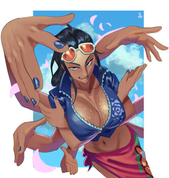 Rule 34 | 1girl, 5ciss0rs, alternate skin color, arms up, artist logo, black hair, blue jacket, blue nails, blue sky, border, breasts, closed mouth, collared jacket, commentary, covered erect nipples, cropped jacket, dark-skinned female, dark skin, darkened skin, english commentary, extra arms, eyewear on head, fingernails, foreshortening, from above, green eyes, grey-framed eyewear, groin, hair slicked back, hands up, high collar, highres, jacket, large breasts, lips, logo, long hair, looking at viewer, lowleg, lowleg sarong, midriff, nail polish, navel, nico robin, one piece, outside border, partially unzipped, petals, pink petals, print sarong, red-tinted eyewear, red sarong, sarong, short sleeves, sky, smirk, solo, stomach, sunglasses, sweat, tinted eyewear, white border, x arms, zipper