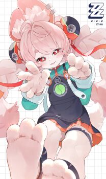 1girl :3 absurdres animal_ear_fluff animal_ears animal_feet ankle_strap blush braid bright_pupils claws dosei dress ear_piercing feet furry furry_female highres long_hair long_sleeves looking_at_viewer piercing pink_fur pink_hair rabbit_ears rabbit_girl red_eyes short_dress short_eyebrows smile smug soles solo thick_eyebrows twin_braids very_long_hair white_pupils zenless_zone_zero zhao_(zenless_zone_zero)