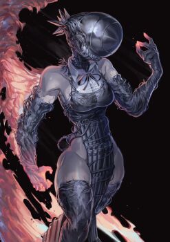 1girl apron black_apron black_background black_shorts black_thighhighs bomb_devil_(chainsaw_man) burning chainsaw_man collared_shirt dynamite explosion explosive fire highres nameno92372763 reze_(chainsaw_man) shirt shorts simple_background sleeveless sleeveless_shirt solo teeth thighhighs white_shirt