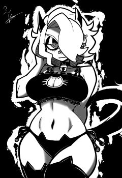 1girl absurdres animal_cutout animal_ear_legwear bell bra breasts cat_cutout cat_ear_legwear cat_ear_panties cat_lingerie cat_tail cleavage_cutout clothing_cutout collar demon_girl demon_horns eyeliner face_piercing frilled_bra frills hair_over_one_eye helltaker highres horns jewelry jingle_bell knees_out_of_frame large_breasts makeup monochrome neck_bell nose_piercing panties piercing ringed_eyes side-tie_panties simple_background smoke solo tail thieviusa thighhighs underwear underwear_only zdrada_(helltaker)