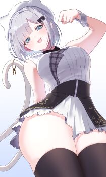 1girl :3 absurdres animal_hat aqua_eyes bare_shoulders beret black_corset black_thighhighs bow braid cat_hat cat_tail commentary_request corset cowboy_shot cross_hair_ornament dress from_below hair_bow hair_ornament hat highres kaga_sumire kaga_sumire_(4th_costume) key looking_at_viewer medium_hair open_mouth sato_iori_(pixiv_87640444) short_dress simple_background sleeveless sleeveless_dress solo tail thighhighs thighs virtual_youtuber vspo! white_background white_hair wrist_cuffs