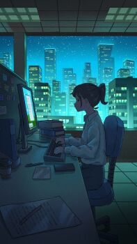 1girl binder black_hair black_pants blue_theme building ceiling cellphone chair city collared_shirt commentary_request computer_keyboard desk highres long_sleeves monitor night night_sky notepad office office_lady original pants paper pasoputi pen phone ponytail scenery shirt short_hair sitting sky skyscraper smartphone star_(sky) sticky_note swivel_chair tile_floor tiles white_shirt window