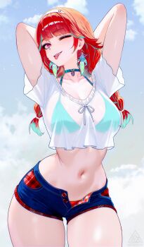 1girl absurdres aqua_bikini aqua_choker arms_up bikini bikini_under_clothes braid breasts choker denim denim_shorts earrings feather_earrings feathers hamaxade highres hololive hololive_english jewelry looking_at_viewer midriff navel official_alternate_costume one_eye_closed open_fly orange_hair purple_eyes see-through_clothes see-through_shirt shirt shorts solo swimsuit takanashi_kiara takanashi_kiara_(casual) tongue tongue_out twin_braids virtual_youtuber
