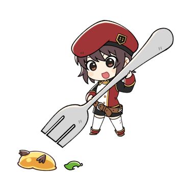 1girl :d artist_request bad_source belt belt_buckle beret bird black_shorts black_sleeves brown_belt brown_eyes brown_hair brown_shoes buckle buttons chibi chibi_only emblem flat_color gold_buttons hat holding holding_spork ispin_charles jacket jellyppi_leaf leaf legs_apart loose_belt medium_hair multicolored_jacket nexon no_nose official_art open_mouth oversized_object red_hat red_jacket second-party_source shoes shorts sidelighting sleeve_cuffs slime_(creature) smile spork standing tales_weaver thighhighs two-tone_jacket white_eyes white_jacket white_thighhighs wing_collar