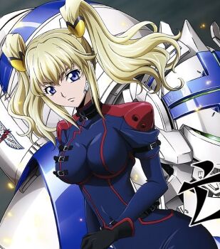 1girl blonde_hair blue_eyes bodysuit code_geass code_geass:_boukoku_no_akito knightmare_frame leila_malcal mecha robot skin_tight solo tagme